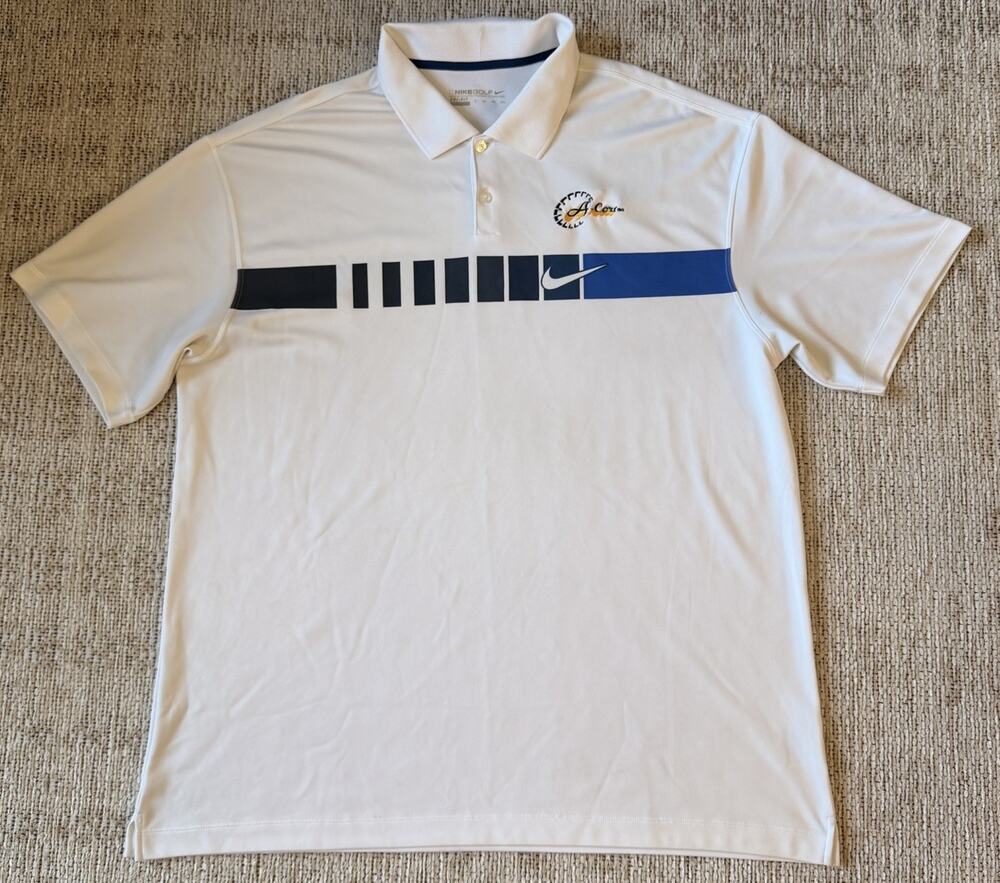 Nike Golf Dri-FIT Chest Stripe Print Polo Size XXL White Blue